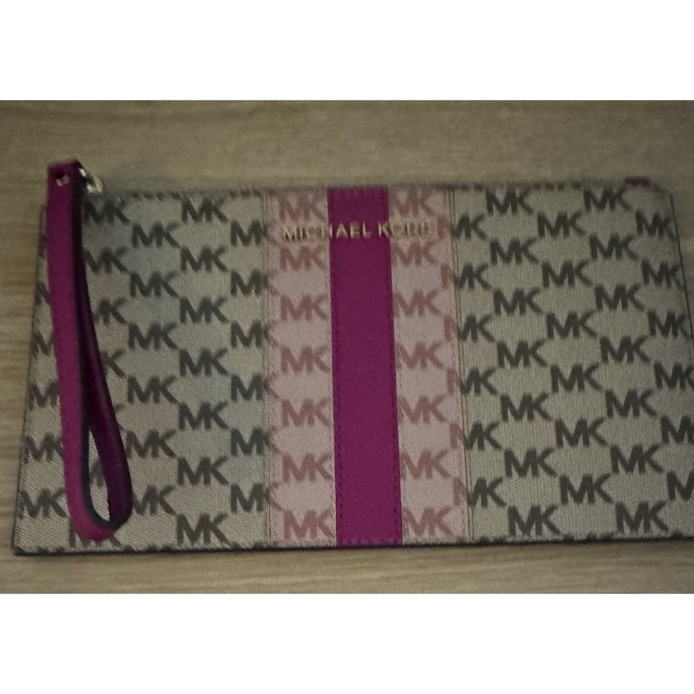 NWOT Michael Kors Wristlet With Logo Brown/pink Stripe Top Zip PT3